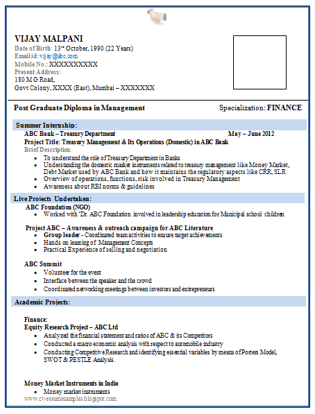 Single page resume for freshers